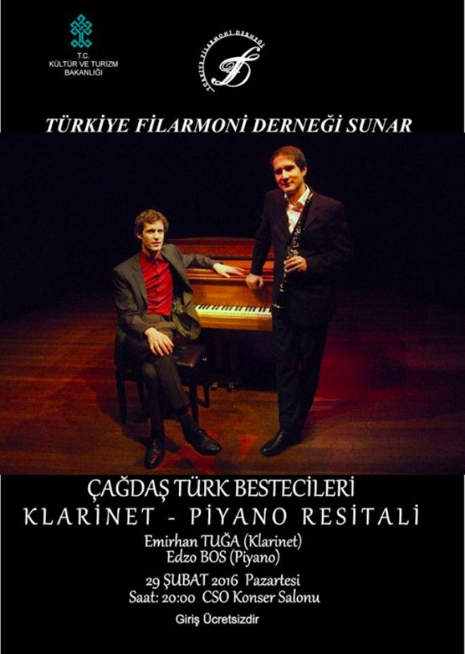 Klarnet sanatçısı Emirhan Tuga'nın 'Çağdaş Türk bestecileri klarinet ve piano eserleri'nden oluşturduğu repertuarının  konseri 29 Şubat 2016 Pazartesi akşamı Türkiye Filarmoni Derneği konser etkinlikleri kapsamında Ankara CSO salonunda
